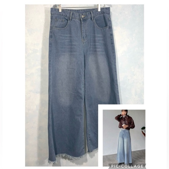 High Waisted Wide Leg Fringe Hem Faded Washed Out Blue Jeans Medium S.h.e.i.n. - Picture 1 of 12